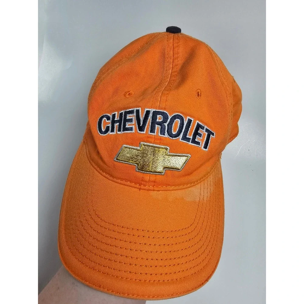 Chevrolet Hat Orange Embroidered Gold Bowtie Logo Adjustable Baseball Cap Mens